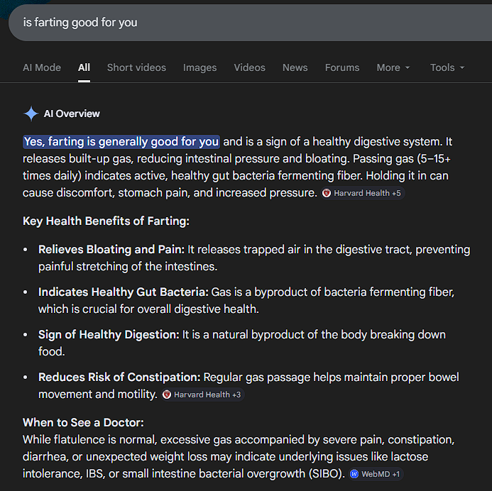 undefined An absurd AI Overview demonstrating how informational searches are being devoured by Google's new AI offerings